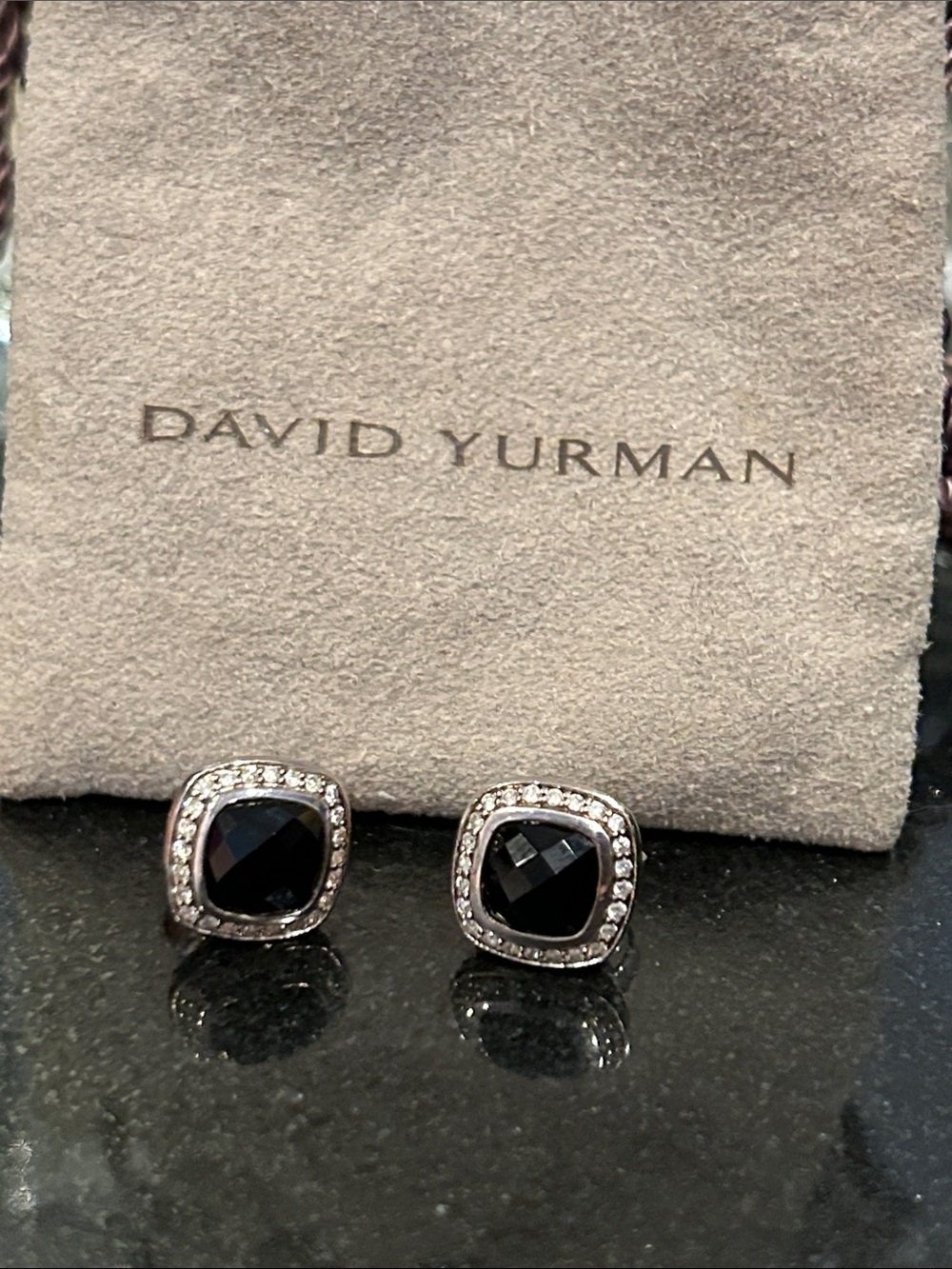 David Yurman Black Onyx and Diamond Halo Cushion Stud Earrings